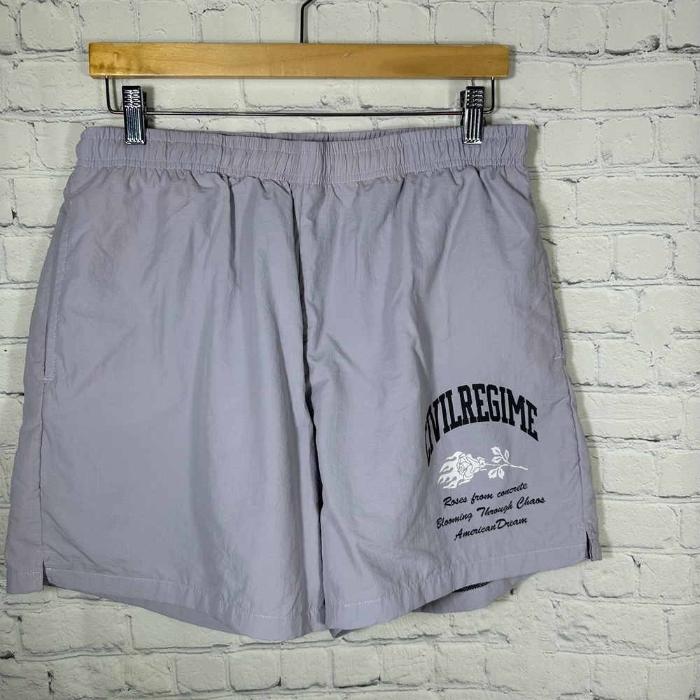 Civil Regime Mens Lavender Roses From Concrete Graphic Nylon Mesh Lined Shorts